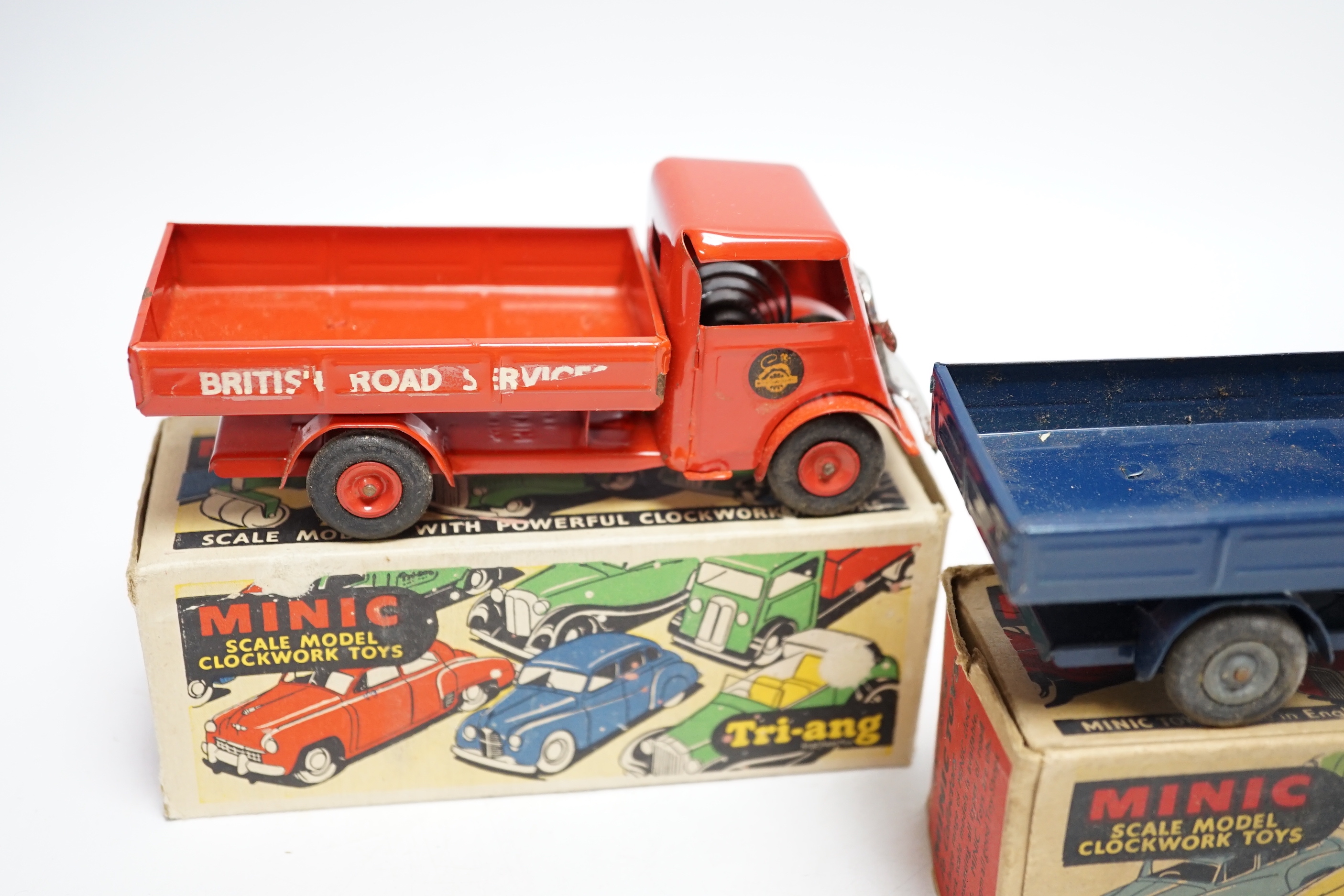 Two boxed Tri-ang Minic tinplate clockwork Delivery Lorries, one example, in British Road Services livery